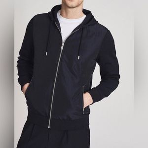 Reiss Claude Hybrid Zip Up Hooded Jacket Sweatshirt Navy Blue Men’s XL NWT
